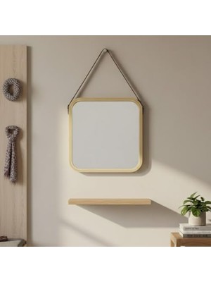 Trendexa Askılı Ahşap Çerçeveli Kare Ayna 32X42 Cm, Deri Askılı Duvar Aynası