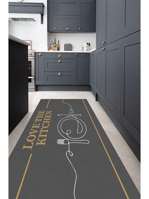 Trendexa Dijital Baskılı Kaymayı Önleyici Taban Yıkanabilir Gold Kitchen Yazılı Antrasit Mutfak Halı YOLLUK-D5014