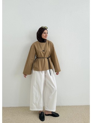 Moda Aksa 9253 DERİ KEMERLİ PAMUK GABARDİN BLUZ CAMEL