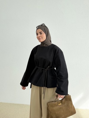 Moda Aksa 9253 DERİ KEMERLİ PAMUK GABARDİN BLUZ SİYAH