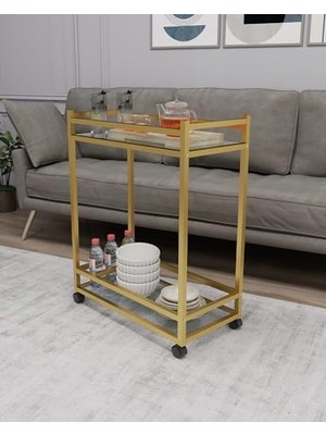 Trendexa Çok Amaçlı Tekerlekli Sunum Servis Arabası Yan Sehpa Cam Raflı Gold Metal Iskeletli Servant