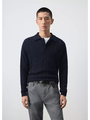 Mango %100 Yün Örgü Desenli Polo Yaka Kazak