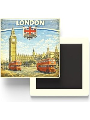 Trendexa Retro Birleşik Krallık Londra Şehri Temalı Vintage Buzdolap Magneti, 9x9 cm