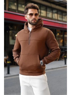 Madmext Kahverengi Kanguru Cepli Kapüşonlu Erkek Sweatshirt E7218