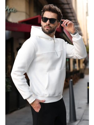 Madmext Ekru Kanguru Cepli Kapüşonlu Erkek Sweatshirt E7218