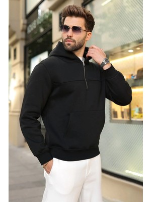 Madmext Siyah Kanguru Cepli Kapüşonlu Erkek Sweatshirt E7218