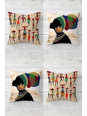 Trendexa Bej-Renkli Afrikalı Kadın Desenli Etnik Bohem Kırlent Kılıfı Takımı, 4 Adet, Gizli Fermuarlı, 43 x 43