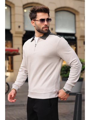 Madmext Boyalı Gri Şerit Detaylı Polo Yaka Erkek Sweatshirt E7212