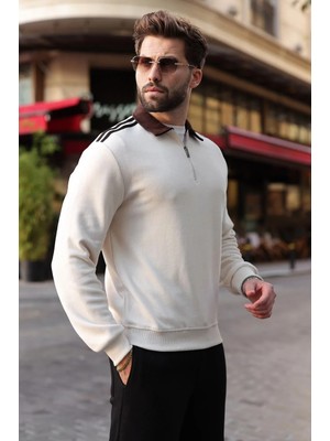 Madmext Bej Şerit Detaylı Polo Yaka Erkek Sweatshirt E7212