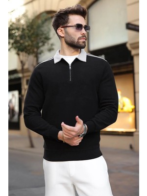 Madmext Siyah Şerit Detaylı Polo Yaka Erkek Sweatshirt E7212