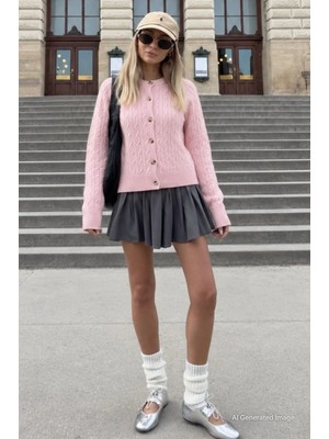 Madmext Pembe Bisiklet Yaka Örgü Desenli Kadın Hırka MG2899