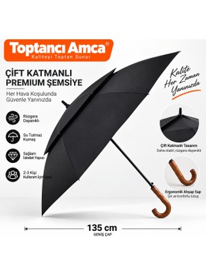 Toptancı Amca İmzalı 135 cm Çift Katmanlı Premium Protokol Şemsiyesi Ahşap Saplı Kılıflı Rüzgâr ve Yağmur Koruyucu