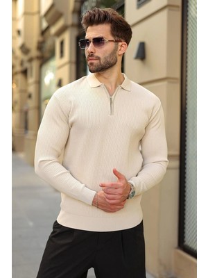 Madmext Taş Rengi Polo Yaka Yarım Fermuarlı Dokulu Erkek Triko Kazak E7510