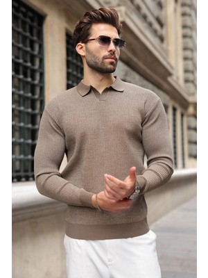 Madmext Açık Kahverengi Polo Yaka Dokulu Erkek Triko Kazak E7511