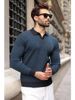 Madmext Lacivert Polo Yaka Dokulu Erkek Triko Kazak E7511