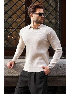 Madmext Taş Rengi Polo Yaka Dokulu Erkek Triko Kazak E7511