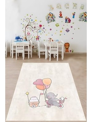 Trendexa Pasta Taşıyan Balonlu Sevimli Fil Yıkanabilir Kaymaz Taban Leke Tutmaz Çocuk Odası Halısı, Gri-Beyaz 80 x 600