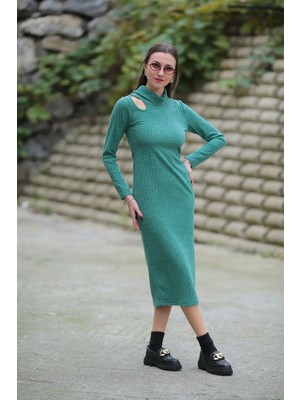 Butik Uzun Örme Elbise  Kadın  Yeşil