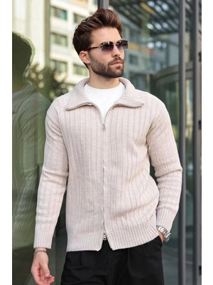 Madmext Taş Rengi Çift Fermuarlı Slim Fit Çizgili Erkek Triko Hırka E7522