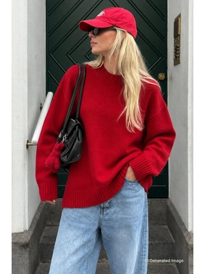 Madmext Kırmızı Bisiklet Yaka Oversize Uzun Kadın Triko Kazak MG2890
