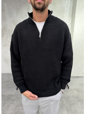 Difransel Jeans Yaka Fermuarlı Boxy Fit Dokulu Siyah Kazak