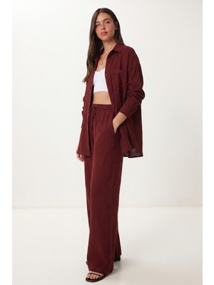 Happiness İstanbul Oversize Müslin Gömlek Pantolon Takım LSA0014 Bordo