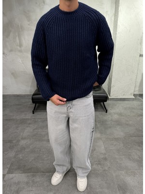 Difransel Jeans Boxy Fit Dokulu Uzun Kol Lacivert Kazak
