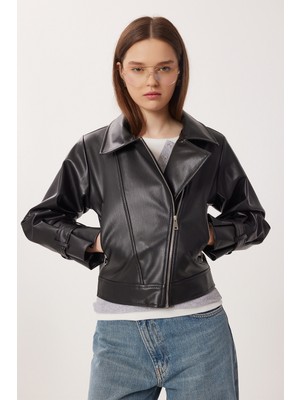 Happiness İstanbul Suni Deri Biker Ceket LAX0007 Siyah