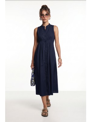 Happiness İstanbul Kolsuz Midi Poplin Gömlek Elbise LMX0093 Lacivert