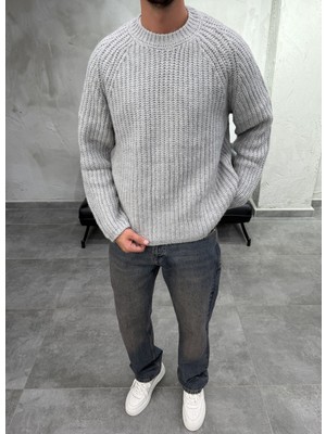 Difransel Jeans Boxy Fit Dokulu Uzun Kol Gri Kazak