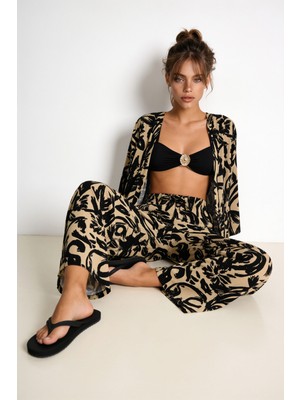 Happiness İstanbul Desenli Yazlık Viskon Kimono Pantolon Takım LRN0013 Siyah Bej