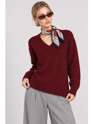 Happiness İstanbul V Yaka Oversize Triko Kazak 4289 LKİ0061 Bordo