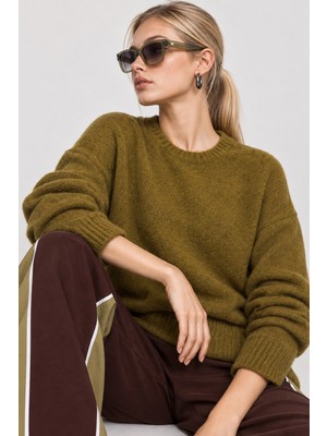 Happiness İstanbul Yün Karışımlı Oversize Triko Kazak 4270 LKİ0062 Yağ Yeşili