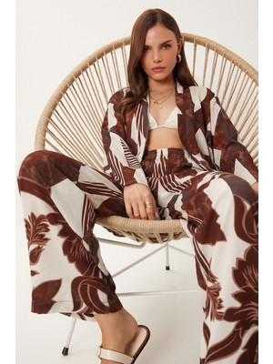 Happiness İstanbul Desenli Yazlık Viskon Kimono Pantolon Takım LRN0013 Kahverengi Kemik