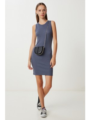 Happiness İstanbul Basic Fitilli Örme Mini Elbise LUB0171 Antrasit