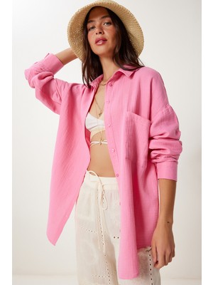 Happiness İstanbul Oversize Basic Müslin Gömlek LMX0002 Açık Pembe
