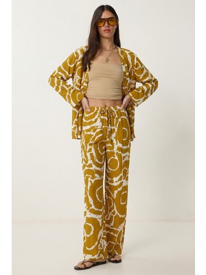 Happiness İstanbul Desenli Yazlık Viskon Kimono Pantolon Takım LRN0013 Hardal Kemik