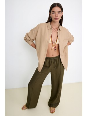 Happiness İstanbul Oversize Basic Müslin Gömlek LMX0002 Krem