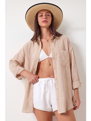Happiness İstanbul Oversize Basic Müslin Gömlek LMX0002 Taş