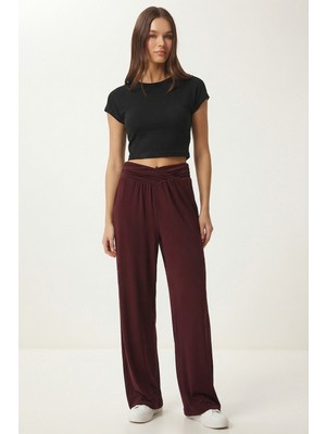 Happiness İstanbul Büzgülü Çapraz Kemerli Örme Pantolon LCR0112 Bordo