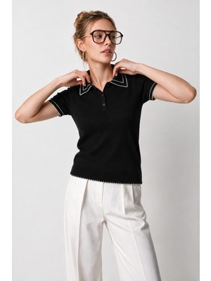 Happiness İstanbul Kontrast Şeritli Polo Yaka Triko Bluz 4342 LKİ0053 Siyah