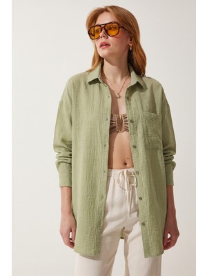 Happiness İstanbul Oversize Basic Müslin Gömlek LMX0002 Açık Çağla Yeşili