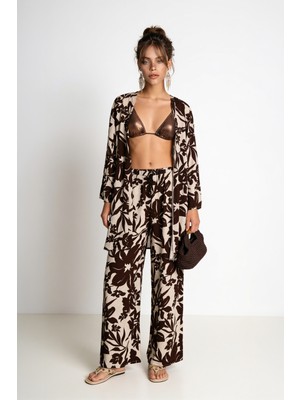 Happiness İstanbul Desenli Yazlık Viskon Kimono Pantolon Takım LRN0013 Kahverengi Taş