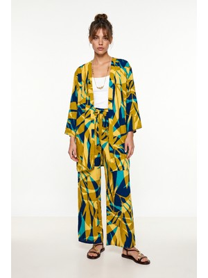 Happiness İstanbul Desenli Yazlık Viskon Kimono Pantolon Takım LRN0013 Zeytin Yeşili Lacivert