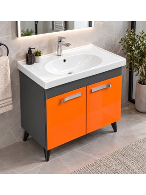 Turkuaz Lavabolu 80 cm Turuncu Antrasit Banyo Dolabı
