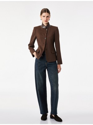 Koton Viskon Karışımlı Uzun Kollu Suni Deri Yaka Slim Fit Ceket