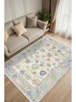 Trendexa Simay Vintage Desenli Şönil Pamuk Tabanlı Yıkanabilir Kaymayı Önleyici Antibakteriyel Salon Halısı 100X200