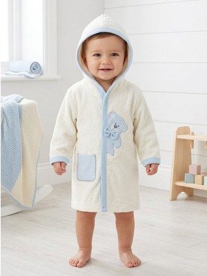 Miniworld Mavi Pamuklu Desenli 5 Parça Yumuşak Havlu Kumaş Bebek Bornoz Banyo Seti 0-2 Yaş (Bornoz Banyo Havlusu Kese Kemer Terlik)