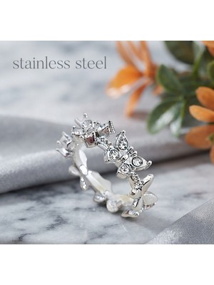 Stainless Steel Pirinç Gümüş Renk Zirkon Taşlı Kelebek Model Ayarlanabilir Yüzük