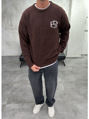 Difransel Jeans Est Yazılı Bisiklet Yaka Kahve Kazak